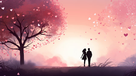 Silhouette of romantic couple in love on valentine backgroundの素材