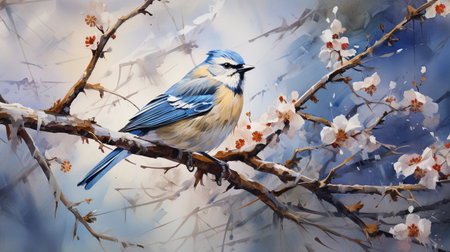 Digital painting of a blue tit bird sitting on a branch of a flowering treeの素材