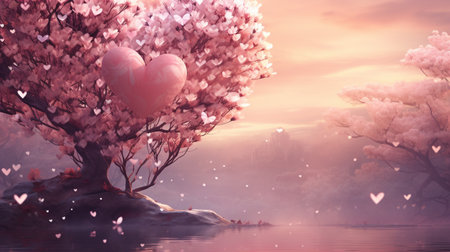 Valentine's day background with blooming tree and hearts.の素材