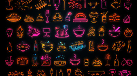 Restaurant neon icon set. Outline set of restaurant vector icons neon color on blackの素材