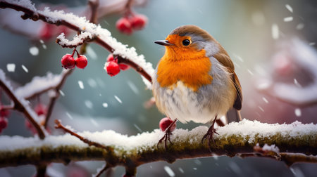 A robin bird sitting on a branch covered with snow in winterの素材