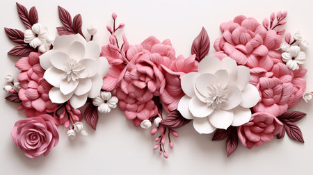 Paper flowers in the shape of a heart on a white background.の素材