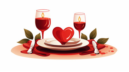 Valentine's day dinner with red wine glasses and heart on plateの素材