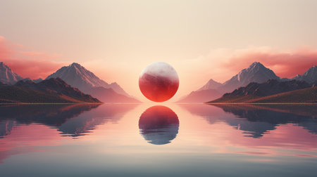 Sunset over a lake with mountains reflected in the water, 3d renderの素材