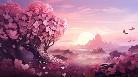 Beautiful spring landscape with cherry blossom trees and mountains at sunsetの素材