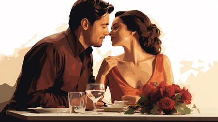 Couple in love dating at a restaurant. Retro style illustration.の素材