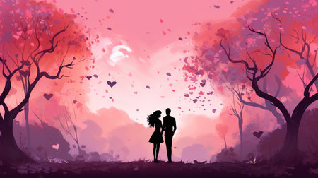 Valentine's day background with silhouettes of lovers in the forestの素材