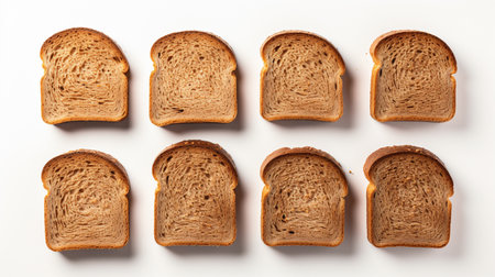 Slices of bread on a white background. Top view.の素材