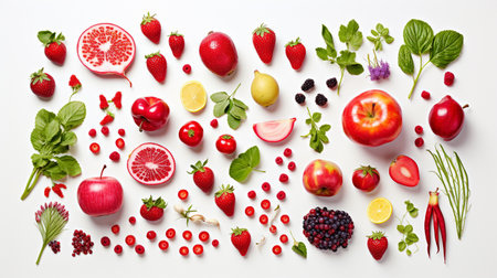 Fruit and vegetable pattern on white background. Healthy food concept.の素材