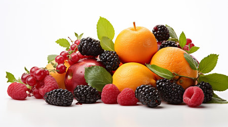 Fruits isolated on a white background. Raspberries, blackberries, oranges, raspberries and apples.の素材