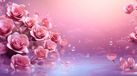 pink rose background with water drops and bokeh. 3d illustrationの素材