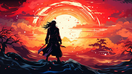 Illustration of a silhouette of a witch on the background of the rising sunの素材