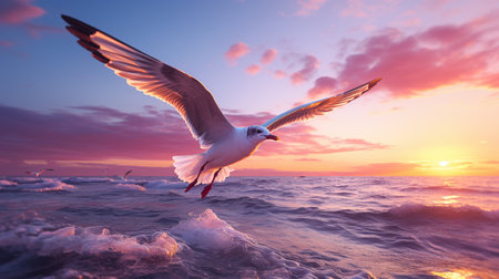 Seagull flying over the sea at sunset. Beautiful seascape.の素材