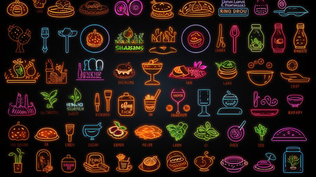Food and Drinks neon light icons set, outline style vector symbol collection.の素材