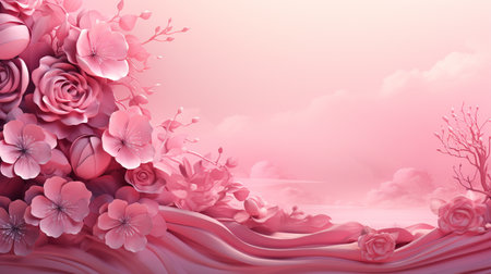 3d rendering of pink background with pink flowers and abstract waves.の素材