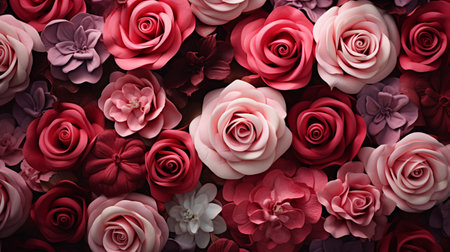 Beautiful artificial roses as background, top view. Floral designの素材