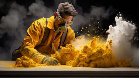 Worker in protective mask and respirator working with yellow dust.の素材
