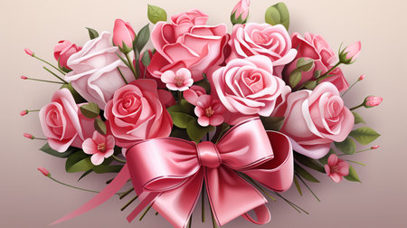 Bouquet of pink roses with a red bow. Vector illustration.の素材