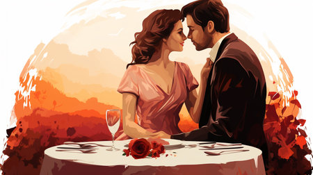 Couple in love sitting at a table in a restaurant. Vector illustration.の素材