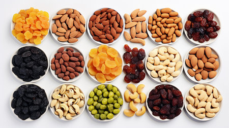 Mix of dried fruits and nuts in bowls on white background, top viewの素材