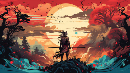Halloween background with a witch in the forest. Vector illustration.の素材