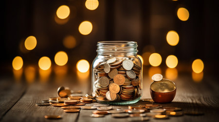 Coins in a glass jar with bokeh lights on backgroundの素材