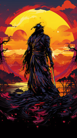 Fantasy illustration of a woman in a fantasy landscape. Vector illustration.の素材