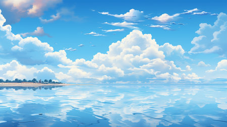 Blue sky with white clouds and ocean. 3d render illustration.の素材