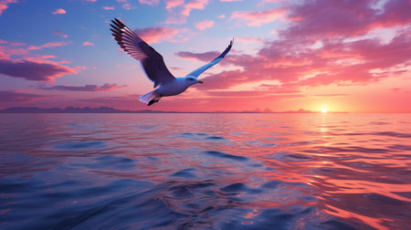 Seagull flying over the sea at sunset, 3d renderの素材