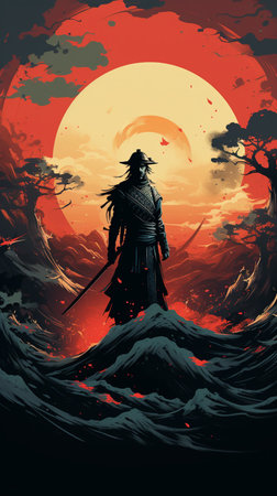 Fantasy illustration of a fantasy warrior with a sword in his handの素材