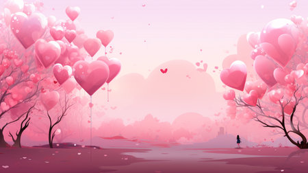 Valentine's day background with pink heart shaped balloons, vector illustrationの素材