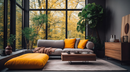 Modern living room interior design with brown sofa and yellow pillows, 3d renderの素材