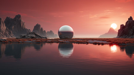 Fantasy alien planet. Mountain and lake. 3D illustration.の素材