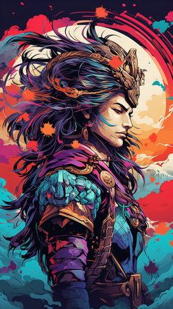 Colorful illustration of a female warrior. Fantasy style. Vector illustration.の素材