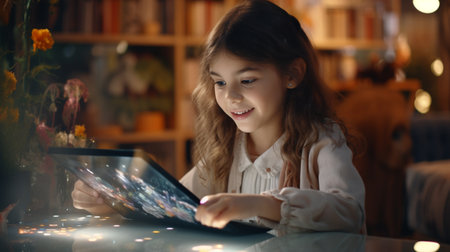 Cute little girl using tablet computer in cafe. Kid using digital tablet.の素材