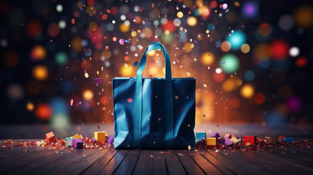 Shopping bag on wooden floor with colorful bokeh lights backgroundの素材