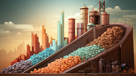 Conveyor belt with crushed stone. Vector illustration in cartoon styleの素材