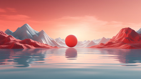 3d illustration of red sphere floating in the water with mountains in the backgroundの素材