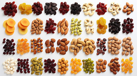 Composition with different dried fruits and nuts on white background, top viewの素材