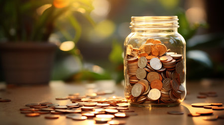 Coins in glass jar on wooden table with bokeh backgroundの素材