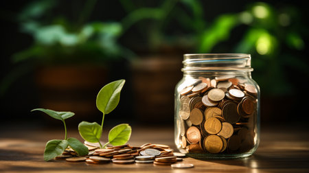 Coins in glass jar with green plant on wooden table. Saving conceptの素材