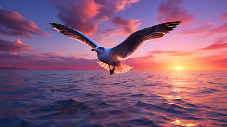 Seagull flying over the sea at sunset. 3d renderの素材