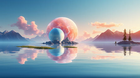 Fantasy landscape with planet and lake. 3d render illustration.の素材