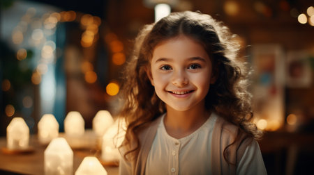 Portrait of a cute little girl with curly hair in a cafe.の素材