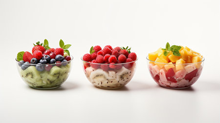 fruit salad with fresh fruits and berries in glass bowls on white backgroundの素材