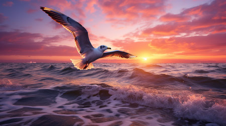 Seagull flying over the sea at sunset. Beautiful seascape.の素材
