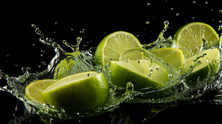 lime slices with water splash, isolated on black background, studio shotの素材