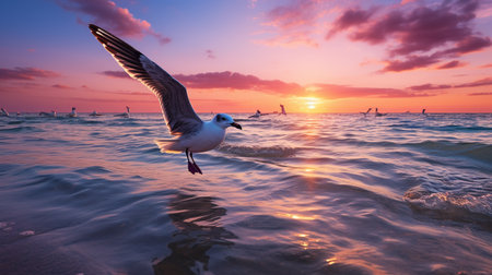 Seagull flying over the sea at sunset, beautiful seascapeの素材
