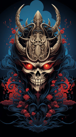 Gothic demon skull with red eyes and floral ornament. Vector illustration.の素材
