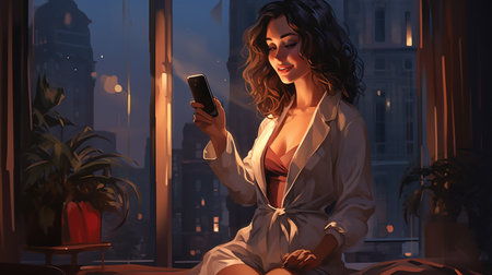 beautiful young woman in pajamas using smartphone while sitting on window sill at nightの素材